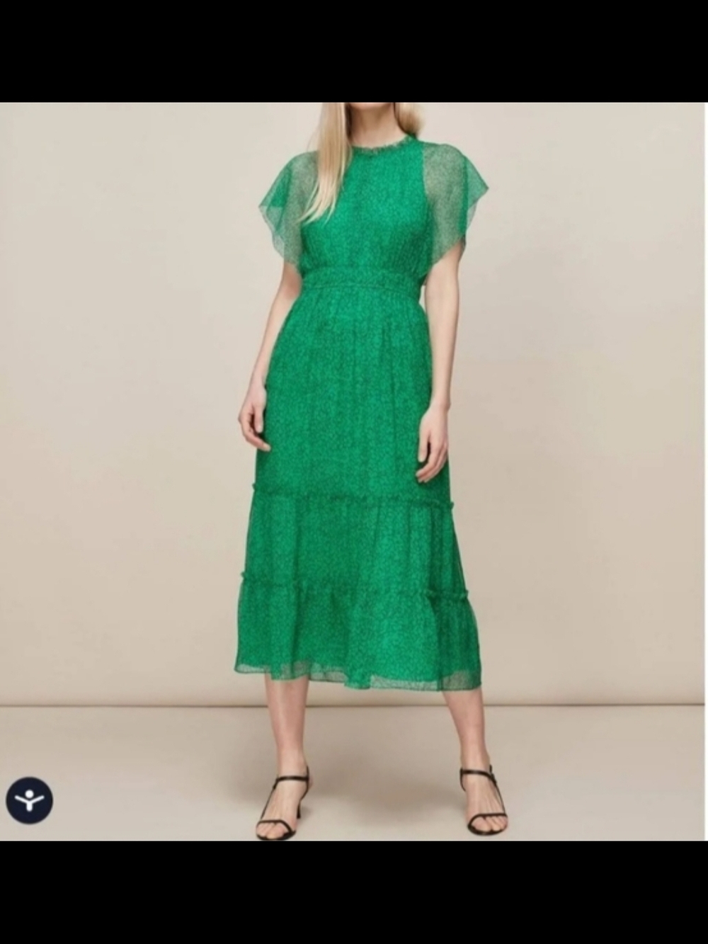 Whistles Green Tiered Midi Dress with Flutter Sleeves Size 2 XS